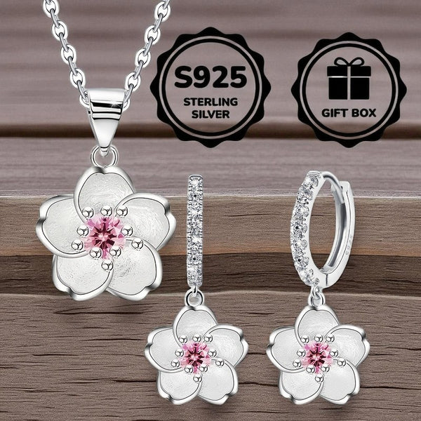 Cherry Blossom Necklace and Earrings Set in 925 Sterling Silver